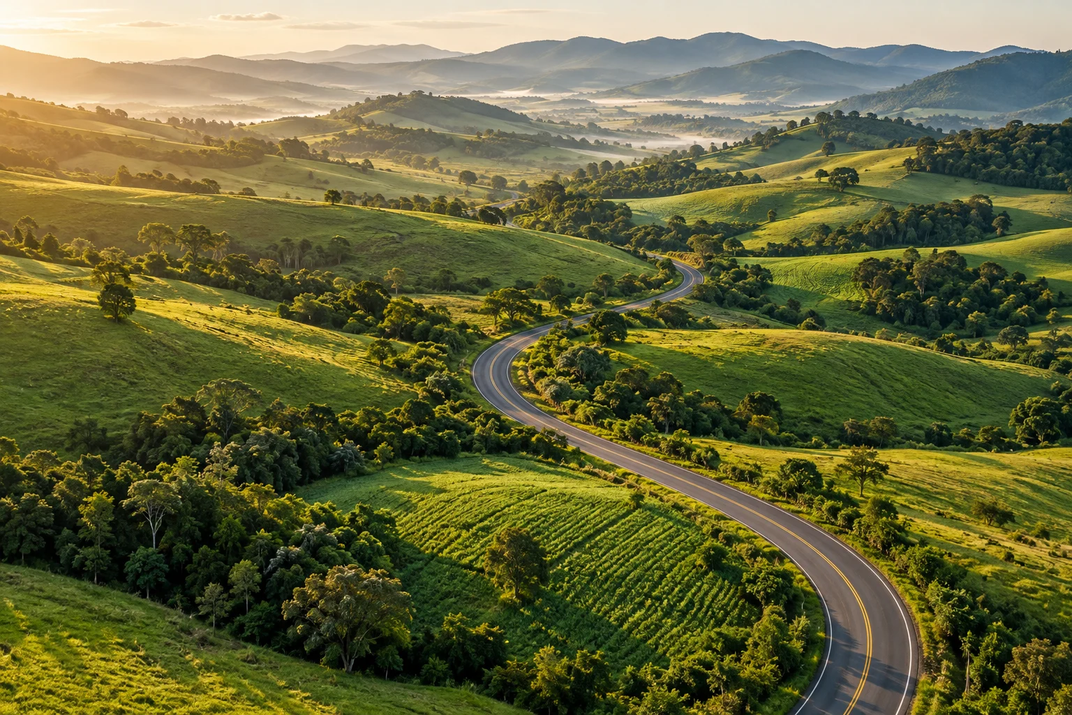 Paisagem ilustrativa do interior brasileiro, com uma estrada entre colinas verdes